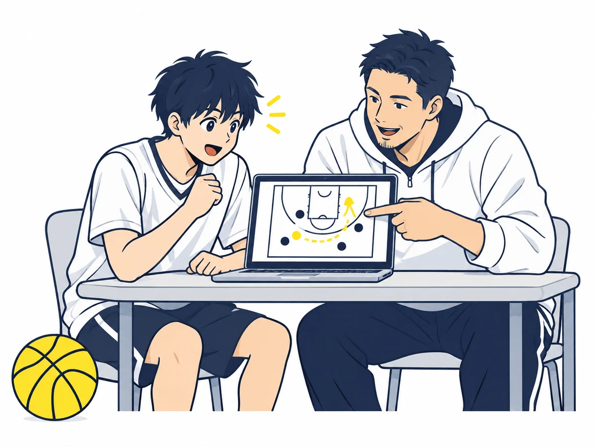 画面を一緒に見ながらプレーを振り返るコーチと選手のイメージ