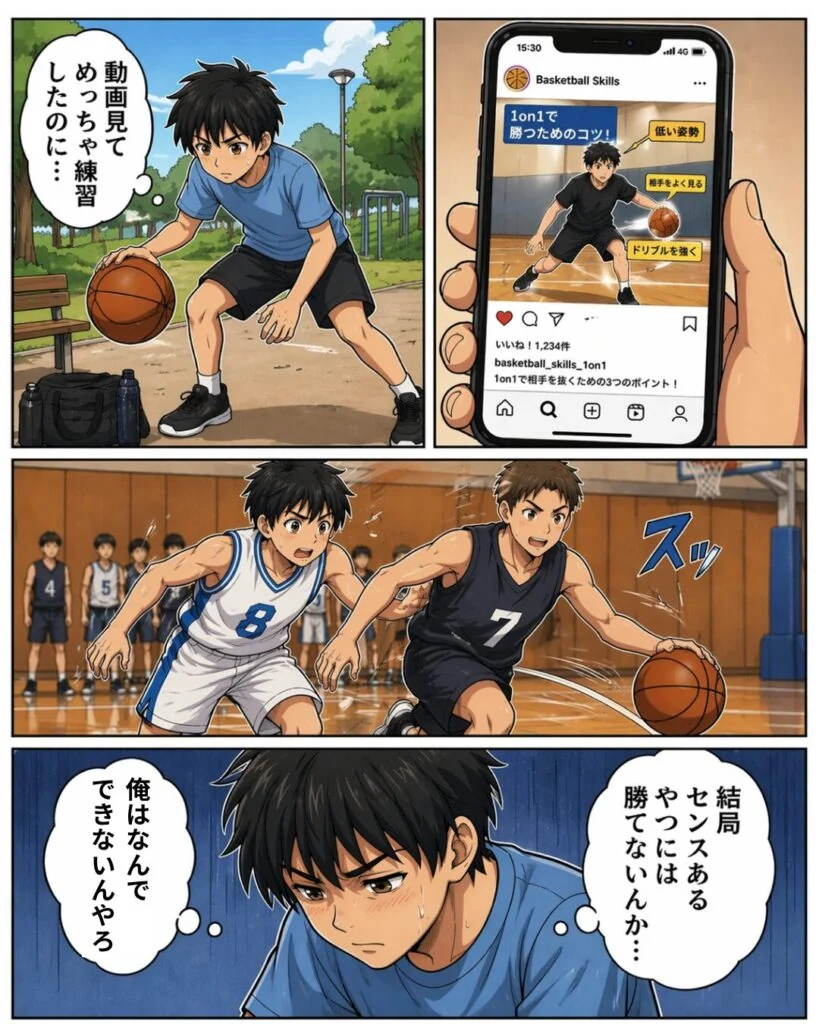 動画を見て練習しても試合で勝てず、悩む中学生の漫画