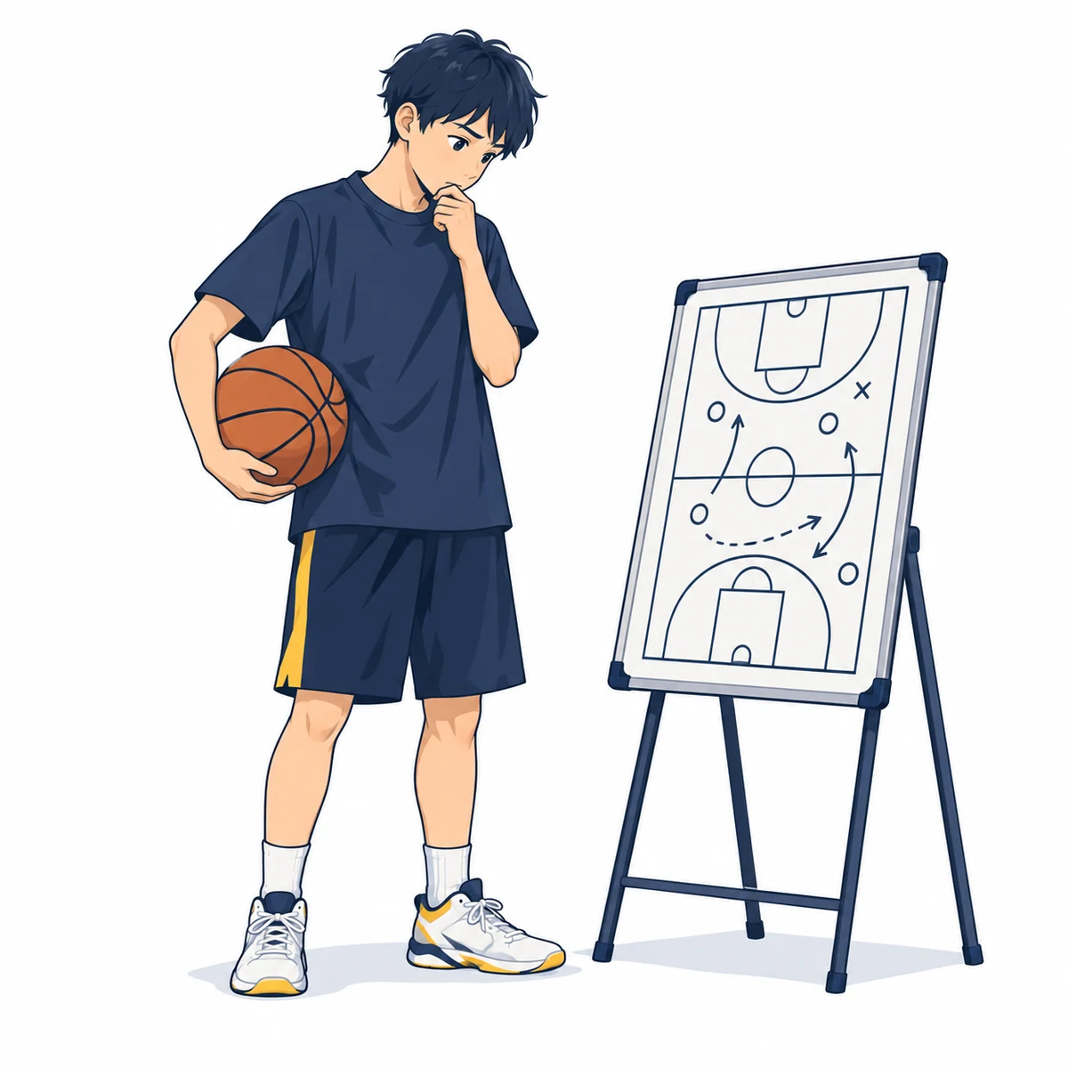 教えてくれる指導者がおらず、ボールと作戦ボードを前に考える選手のイラスト