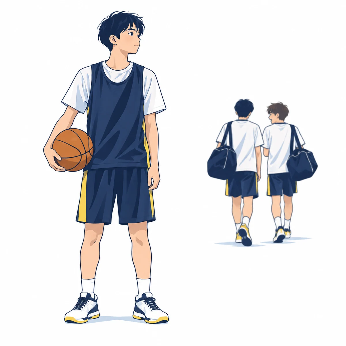 帰っていく仲間を見送り、一緒に練習する相手を求める選手のイラスト