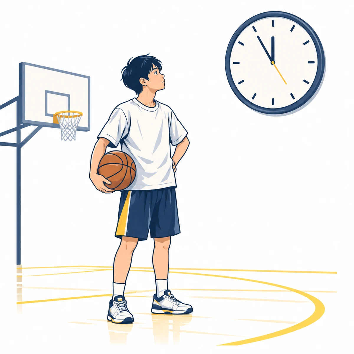 練習できる残り時間を気にして時計を見る選手のイラスト